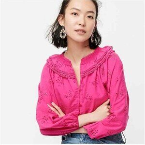 J. Crew Button Front Eyelet Peasant Top Size S Pink